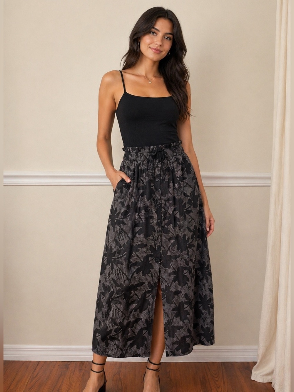 Universal Thread Black Floral Midi Skirt Boho Button Front Tie Waist Small
